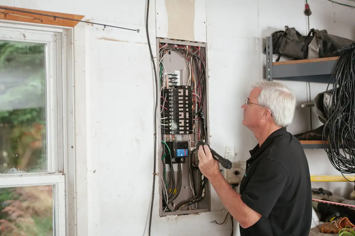 An electrician testing a residential fuse box