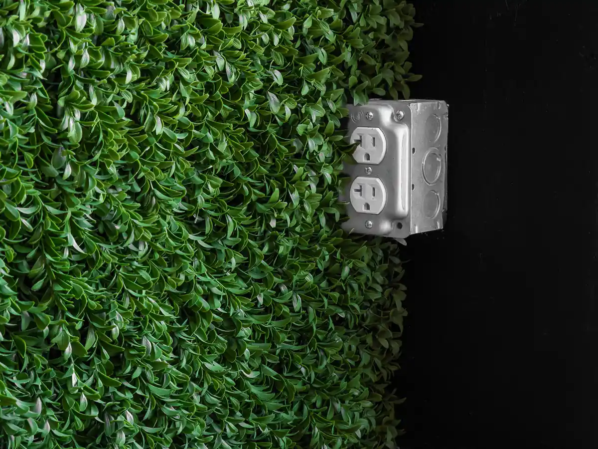 A duplex receptacle in a metal box, mounted outdoors