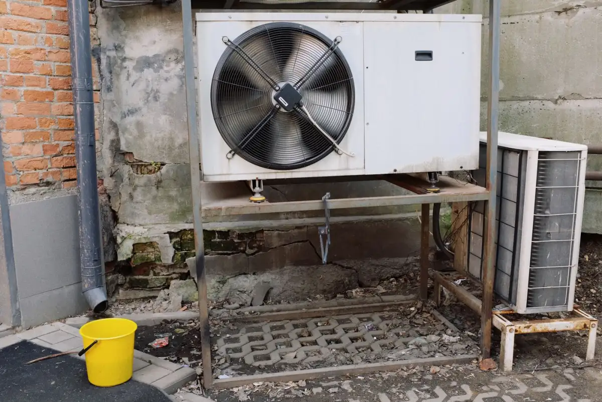 An outdoor condenser on a residential pad